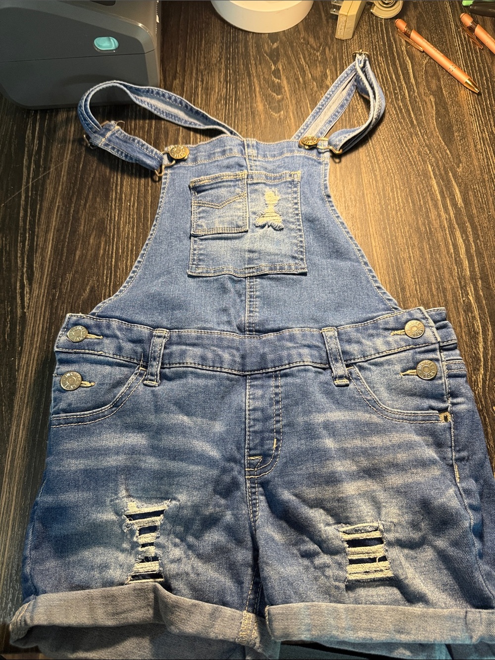 Denim Short Overalls with Distressed Detail - Blue